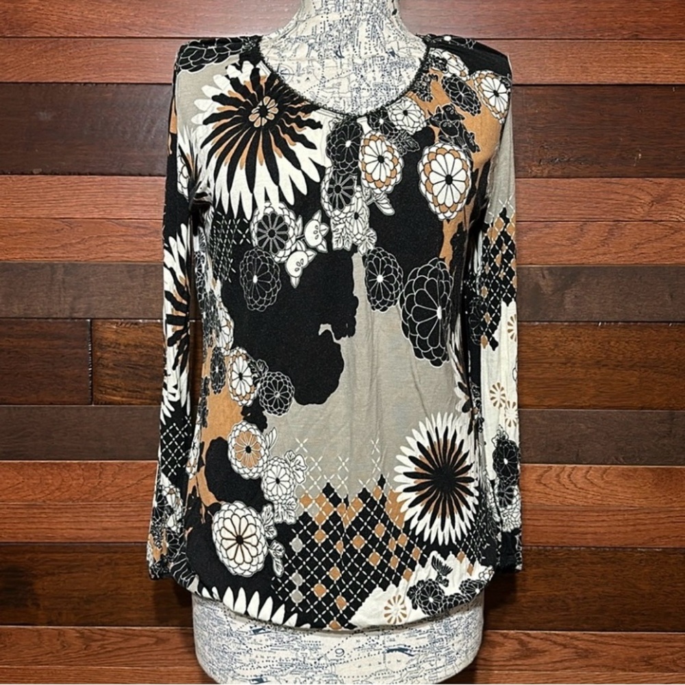 Floral Patterned Women's Blouse - Black, White, Brown